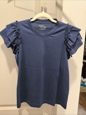 Time and tru navy blue ruffle flutter sleeve shoulder tank tshirt top XS